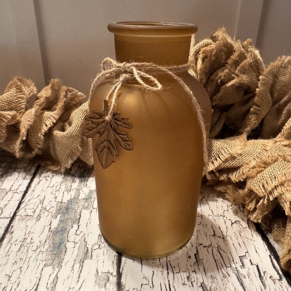 Set of 2 Yellow Brown Glass Jars Fall Decoration Leaf Accent - Picture 1 of 1